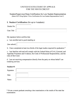 Student/Supervisor/Dean Certification for Law Student Representation