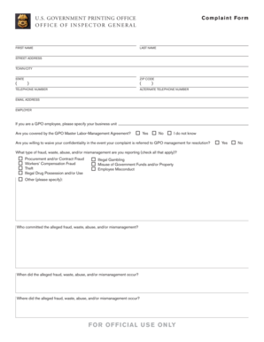 U.S. Government Printing Office Complaint Form