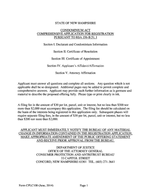 STATE OF NEW HAMPSHIRE CONDOMINIUM ACT COMPREHENSIVE APPLICATION FOR REGISTRATION PURSUANT TO RSA 356-B:51, I Section I - doj nh