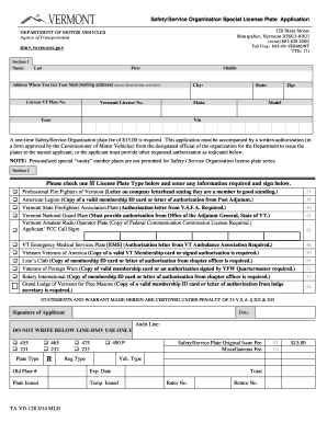 Vermont Safety/Service Organization License Plate Application