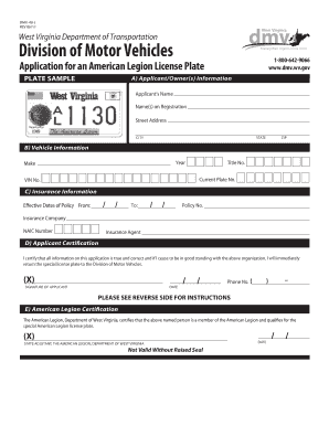 West Virginia American Legion License Plate Application