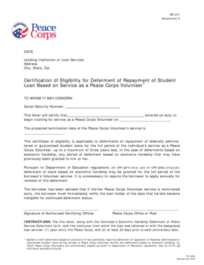 Peace Corps Volunteer Student Loan Deferment Certification