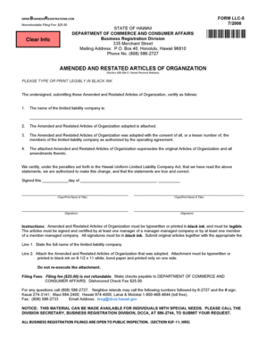 Hawaii Amended and Restated Articles of Organization
