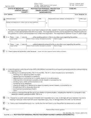 Petition for Personal Protection Order Against a Minor