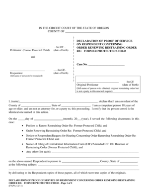 Declaration of Proof of Service on Respondent Concerning Order Renewing Restraining Order