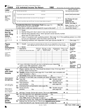 1992 Form 1040A US Individual Income Tax Return