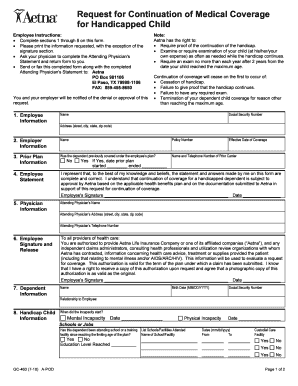 Request for Continuation of Medical Coverage for Handicapped Child