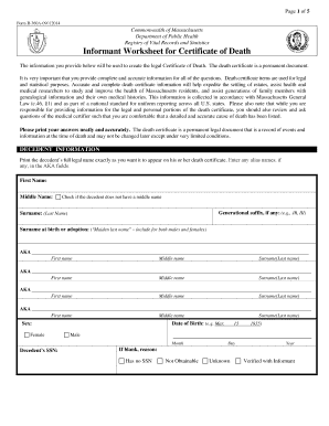 Massachusetts Death Certificate Informant Worksheet