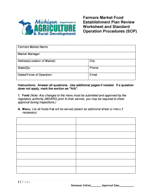 Farmers Market Food Establishment Plan Review Worksheet