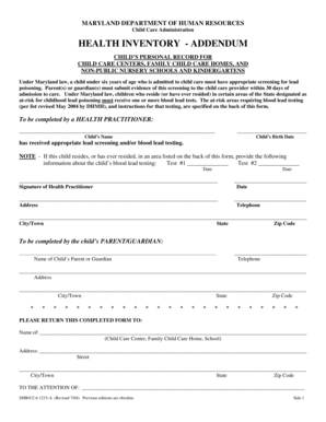 Maryland Child Care Lead Screening Form