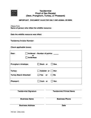 Texas Taxidermist Proof of Sex Receipt