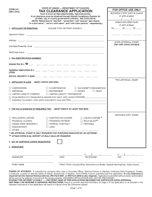 Hawaii Tax Clearance Application Form A-6