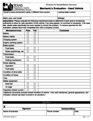 Mechanic's Evaluation Form for Used Vehicle
