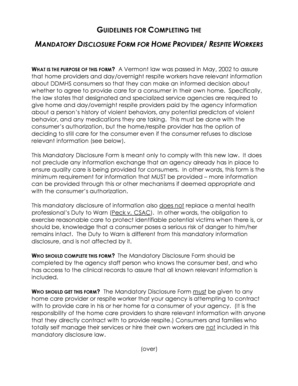 Vermont Mandatory Disclosure Form for Home Providers
