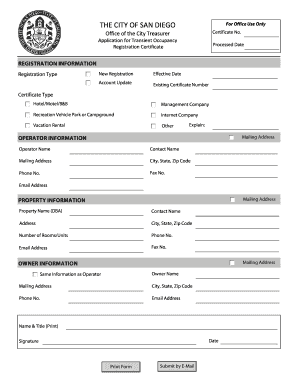 San Diego Transient Occupancy Registration Certificate Application