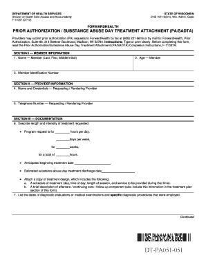 Wisconsin Substance Abuse Day Treatment Authorization Form