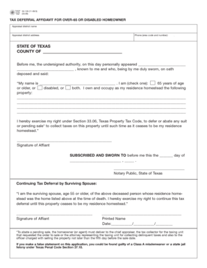 Texas Tax Deferral Affidavit for Over-65 or Disabled Homeowner