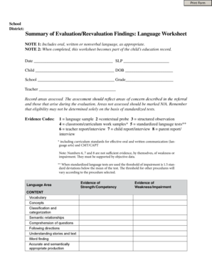 Language Evaluation Worksheet