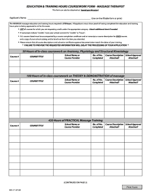 Massage Therapist Education Hours Coursework Form