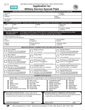 Application for Military Service Special Plate - State of New Mexico