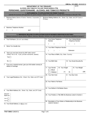 TTB Personnel Questionnaire Alcohol and Tobacco Products