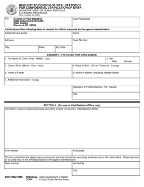 North Dakota Birth Verification Form