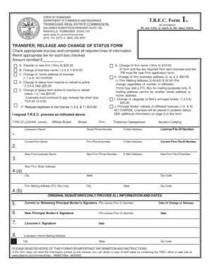 Tennessee Real Estate Commission Transfer Release and Change of Status Form
