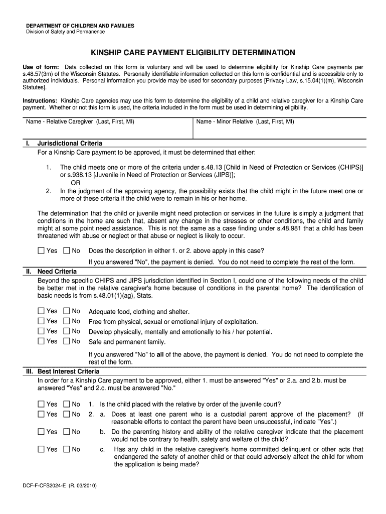 Fillable Online dcf wisconsin Kinship Care Payment Eligibility
