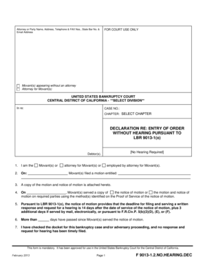 Declaration for Entry of Order Without Hearing