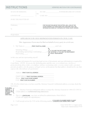 Indiana Verified Motion for Continuance