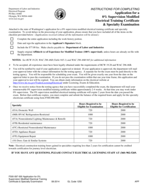 Washington 0% Supervision Modified Electrical Training Certificate Application