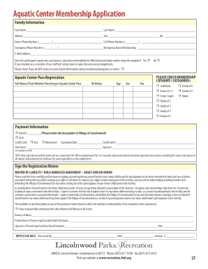 Aquatic Center Membership Application