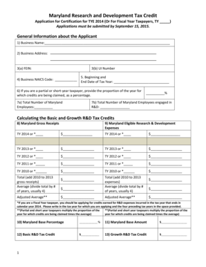 Maryland Research and Development Tax Credit Application