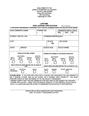 Pennsylvania Lifetime Dog License Application