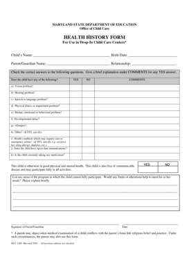 Maryland Child Care Health History Form