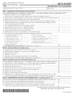 Iowa Minimum Tax Computation Form IA 6251