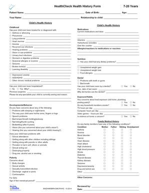 Child Health History Form