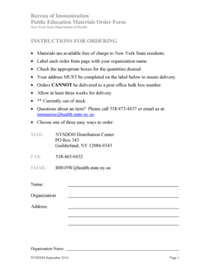 New York State Immunization Materials Order Form
