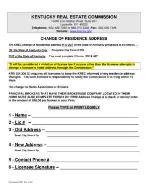 Kentucky Real Estate Licensee Address Change Form