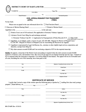 Maryland Civil Appeal Request for Transcript