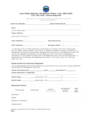Lynn Public Schools Employment Application