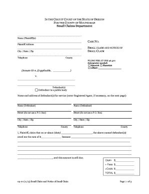 Oregon Small Claim and Notice of Small Claim