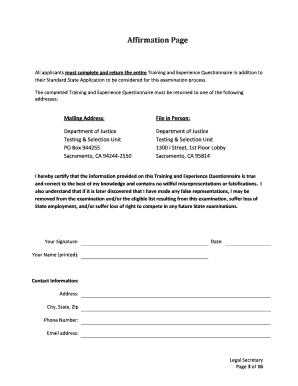 California Legal Secretary Training and Experience Questionnaire