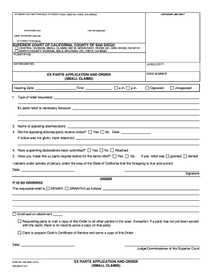 California Small Claims Ex Parte Application