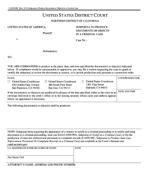 CAND 89B Subpoena to Produce Documents in Criminal Case