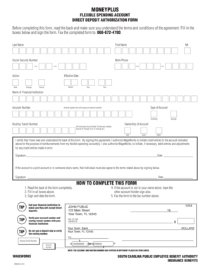MoneyPlus Flexible Spending Account Direct Deposit Authorization Form