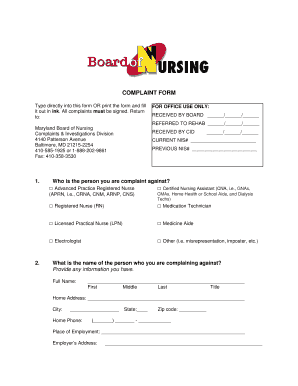 Maryland Nursing Complaint Form