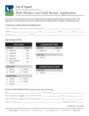 Tigard Park Shelter and Field Rental Application