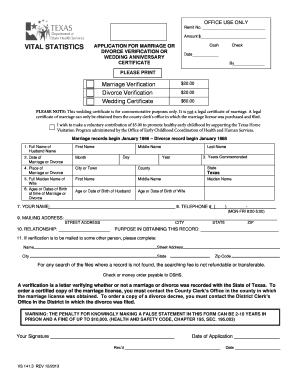 Texas Vital Statistics Application for Marriage or Divorce Verification