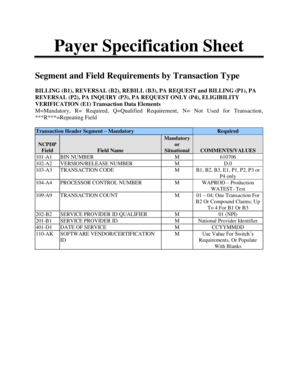 Payer Specification Sheet for Transaction Types